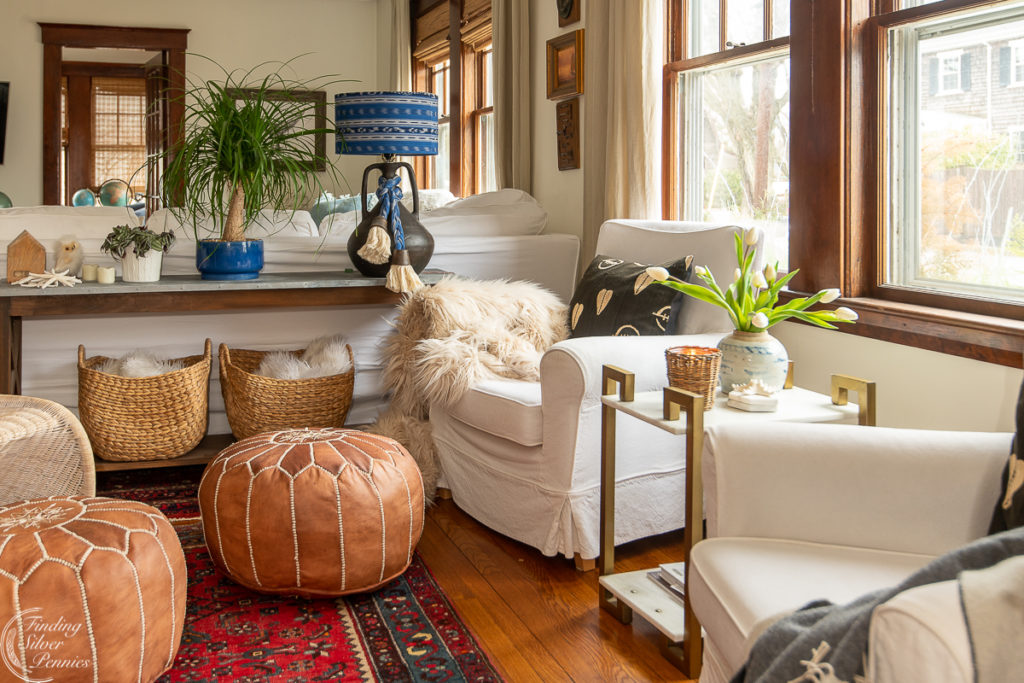 white poufs in living room